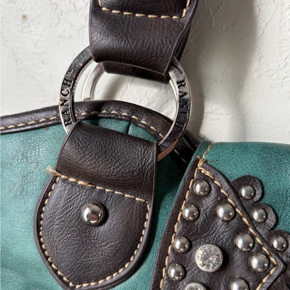 Trinity Ranch Western Studded Fringe Tote Teal Brown Leather NWT - Picture 4 of 16